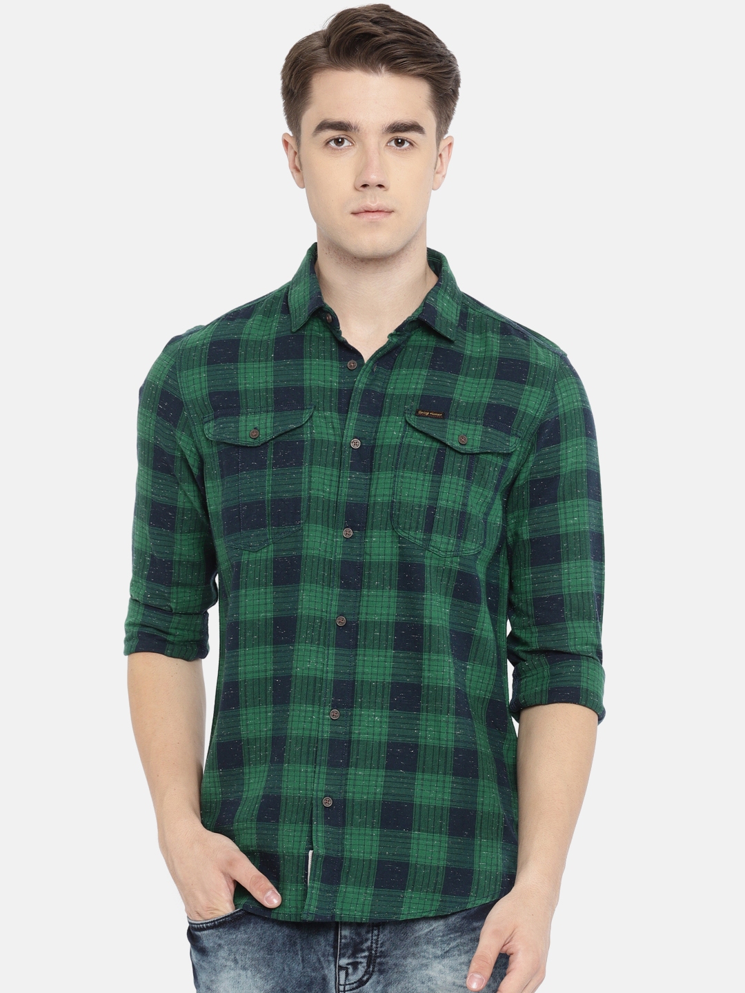 Buy Being Human Men Green & Navy Blue Regular Fit Checked Casual