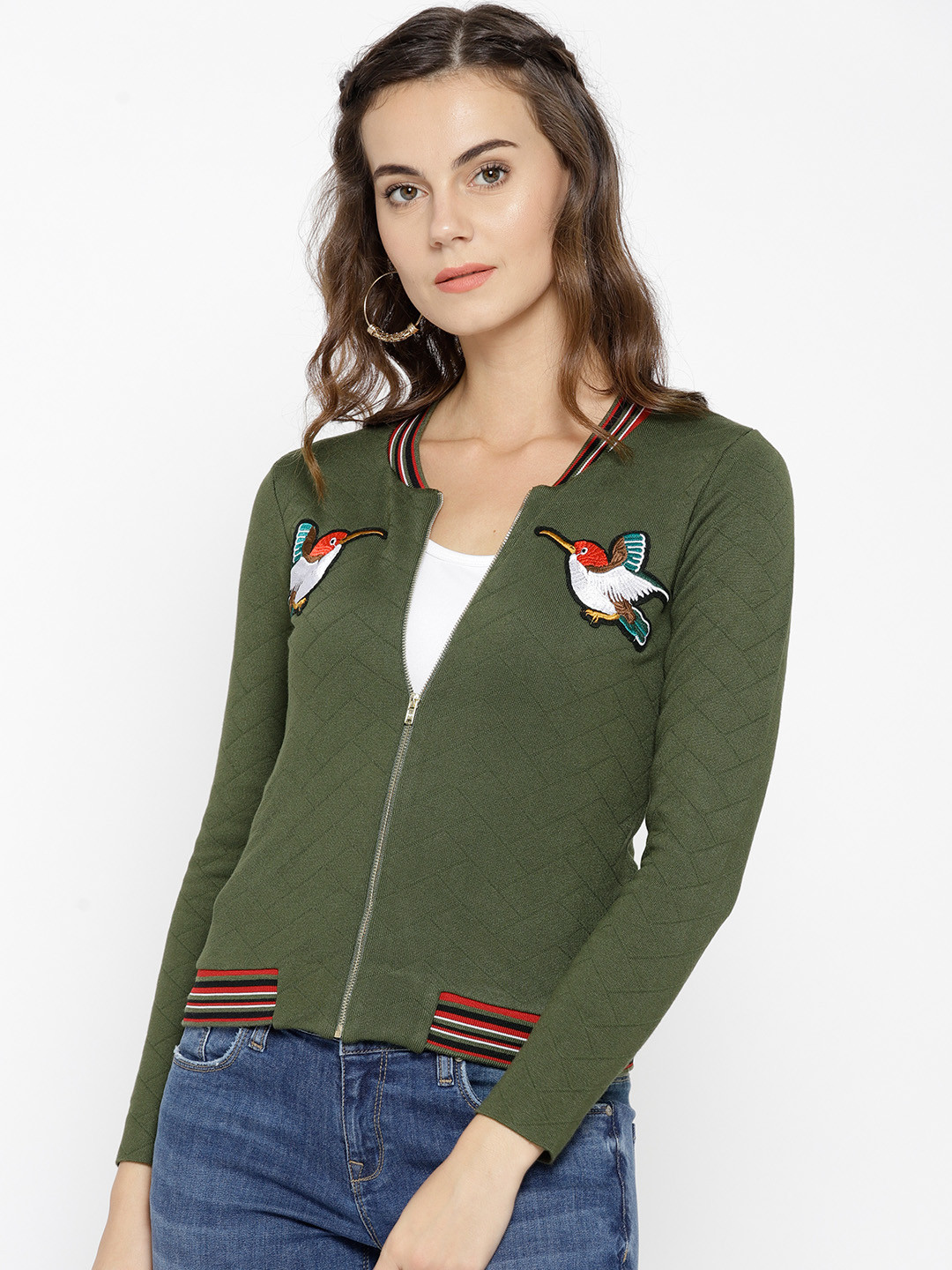 Madame Women Olive Green Self Design Cardigan
