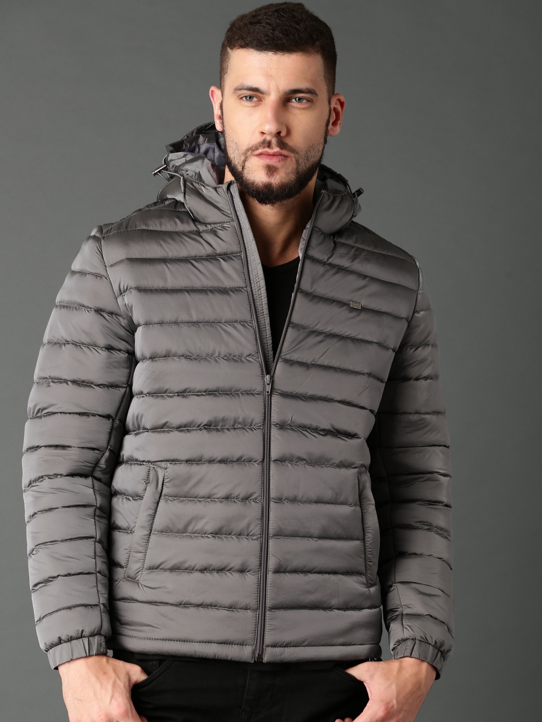 Buy Roadster Men Grey Solid Hooded Padded Jacket - Jackets for Men