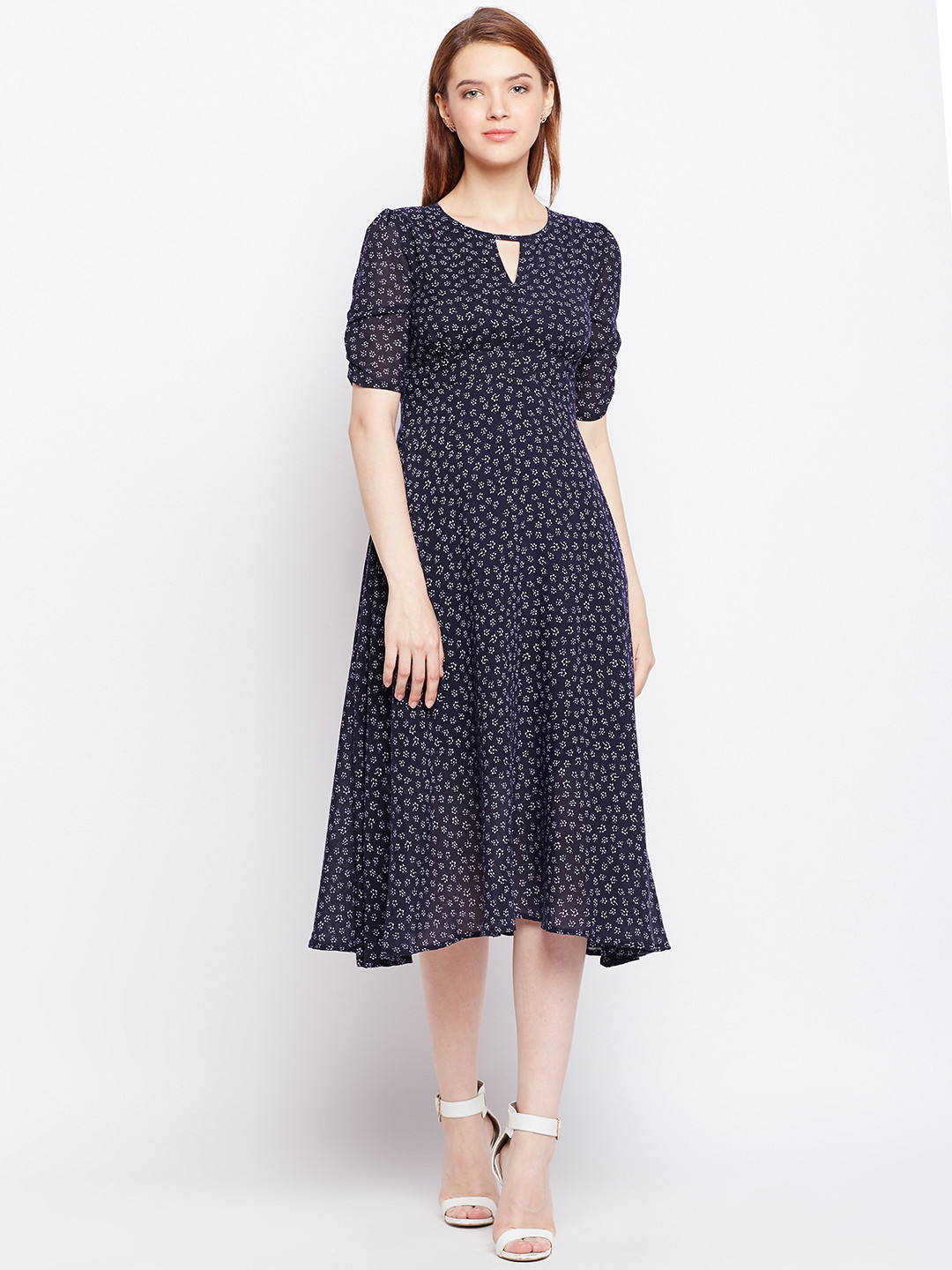 Nun Women Navy Blue Printed Fit and Flare Dress