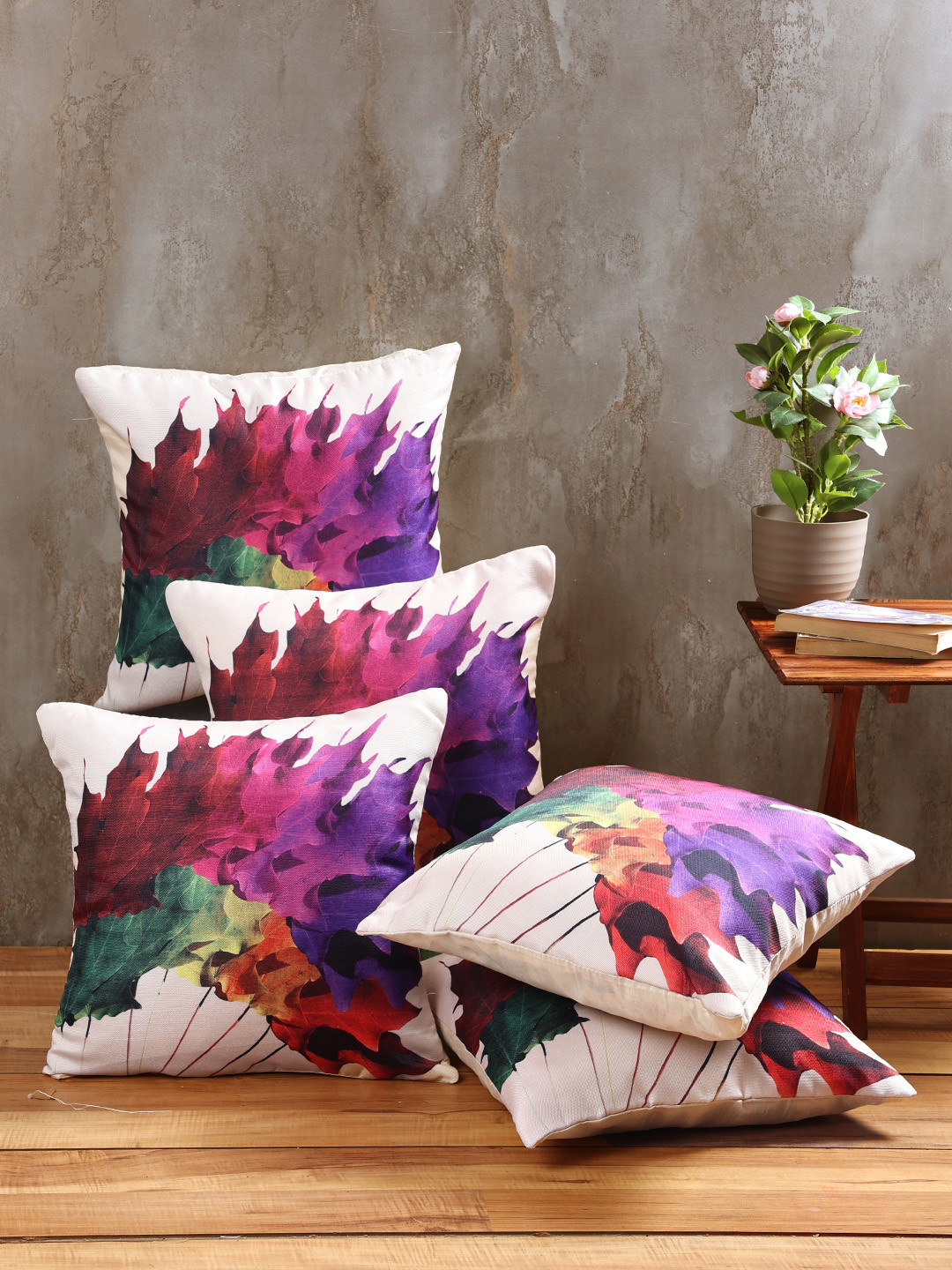 ROMEE Maple Leaves Abstract Polyester Washable 5 Pcs Cushion Covers - 16 x 16 Inches