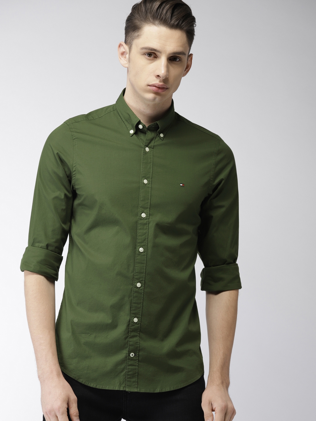 Buy Tommy Hilfiger Men Olive Green Slim Fit Solid Shirt - Shirts Men 7324583