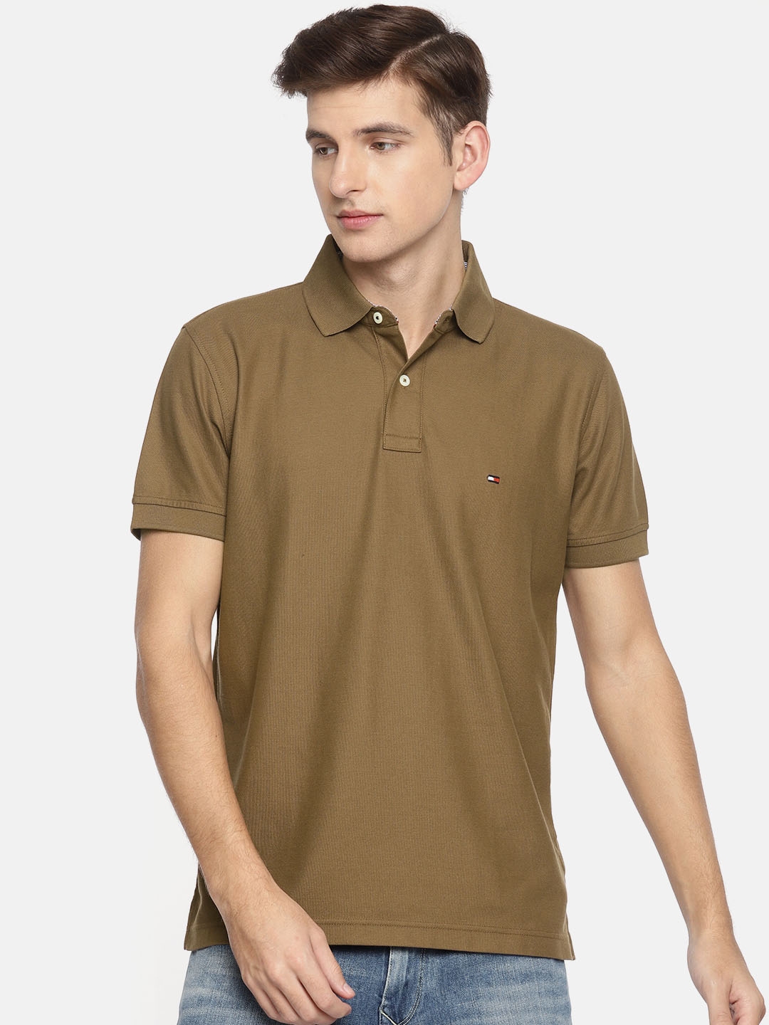 Buy Tommy Hilfiger Men Khaki Solid Polo Collar Pure Cotton T Shirt ...