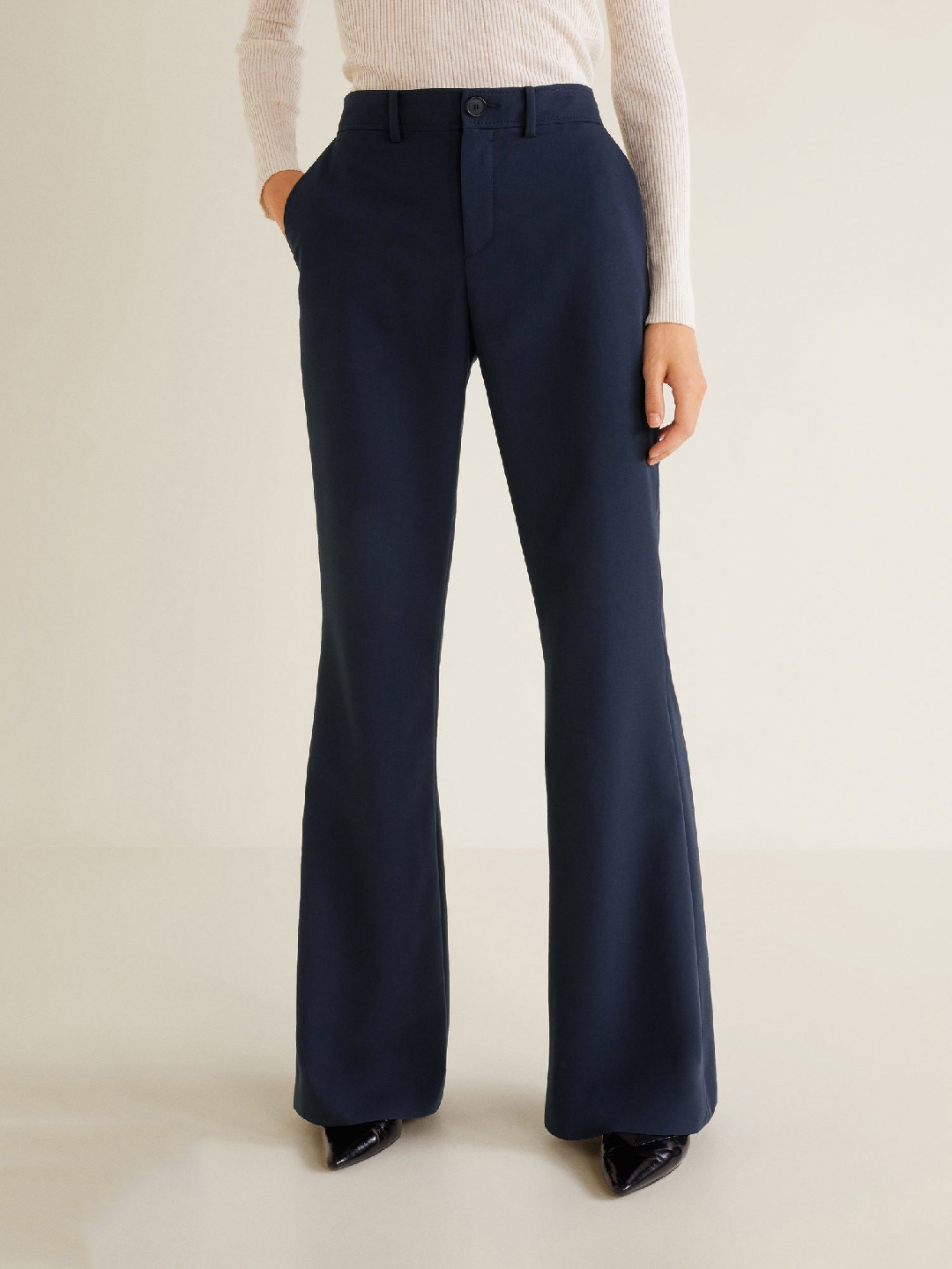 MANGO Women Navy Blue Regular Fit Solid Bootcut Trousers