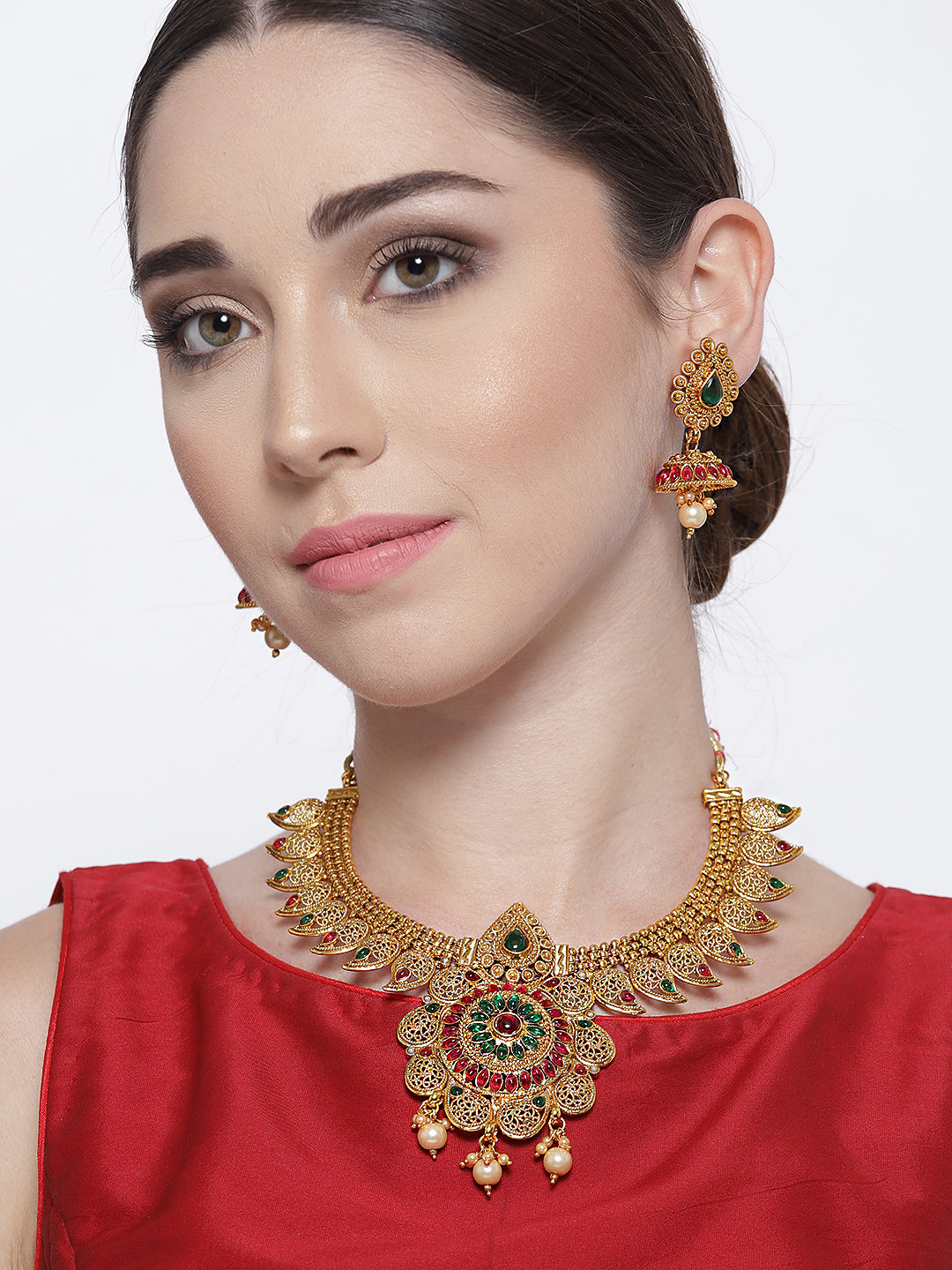 YouBella Red & Green Gold-Plated Stone-Studded Textured Jewellery Set