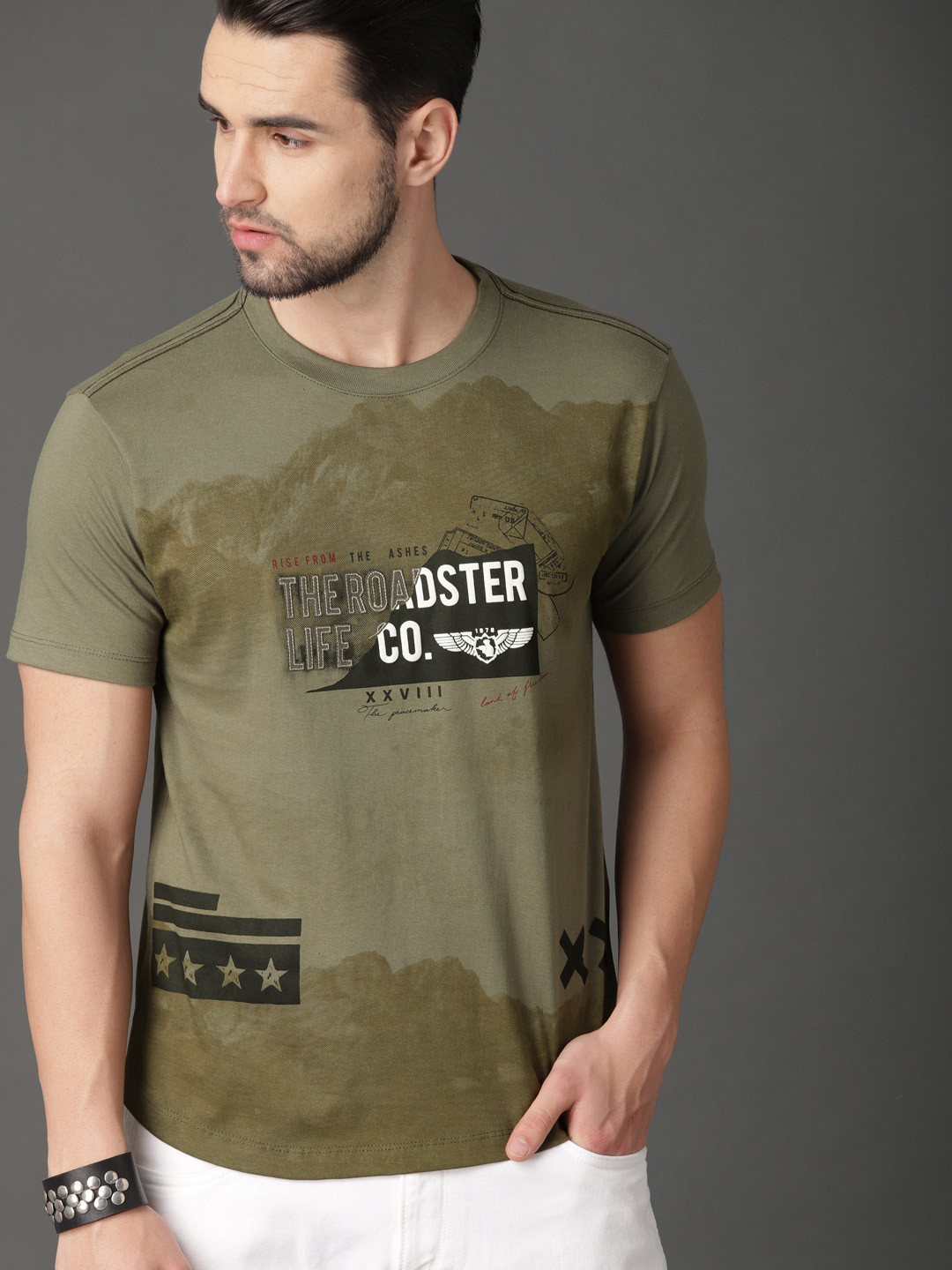 Buy Roadster Men Olive Green Printed 
