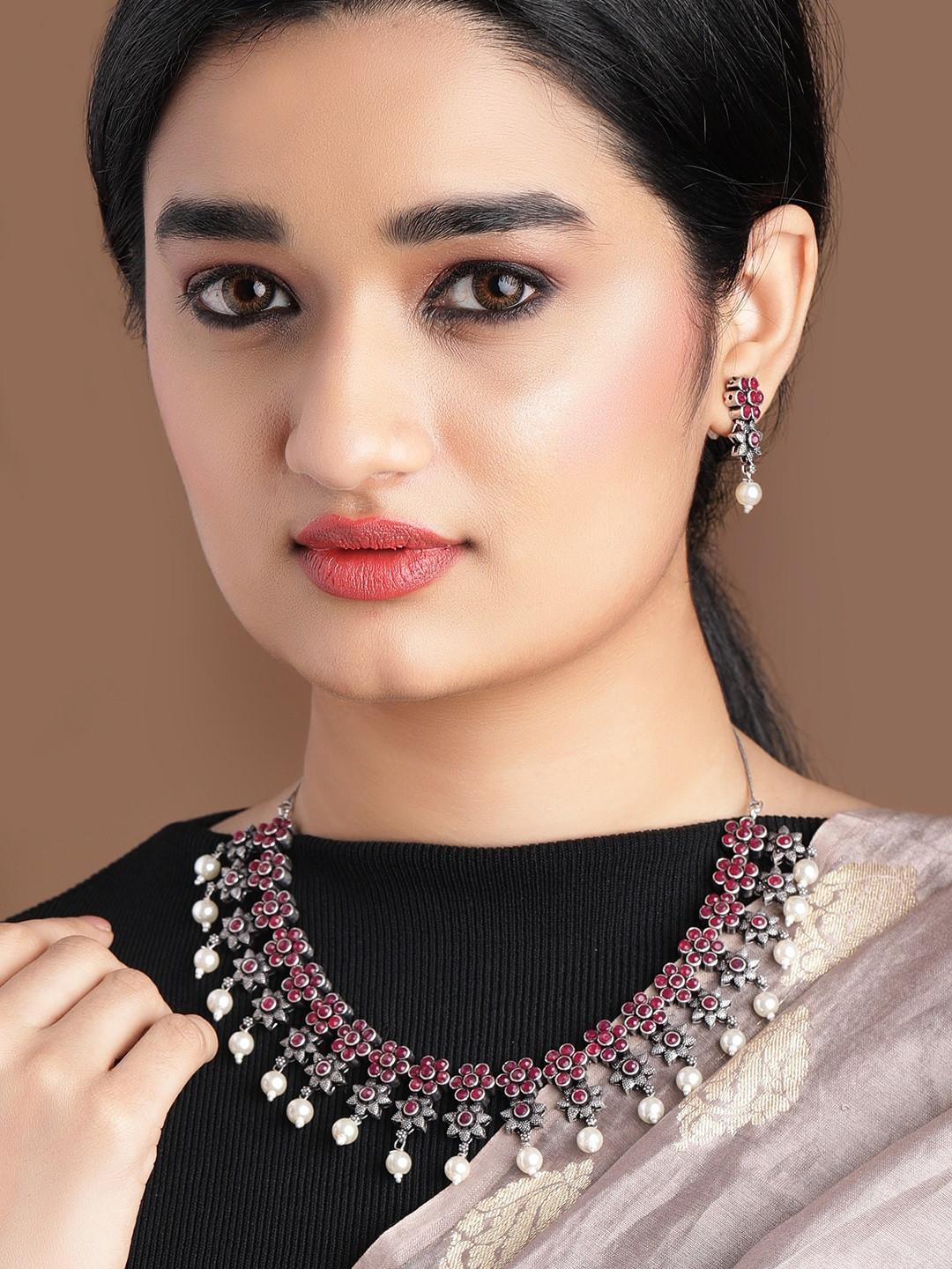 Rubans Oxidised Silver Plated Faux Ruby Floral Necklace Set