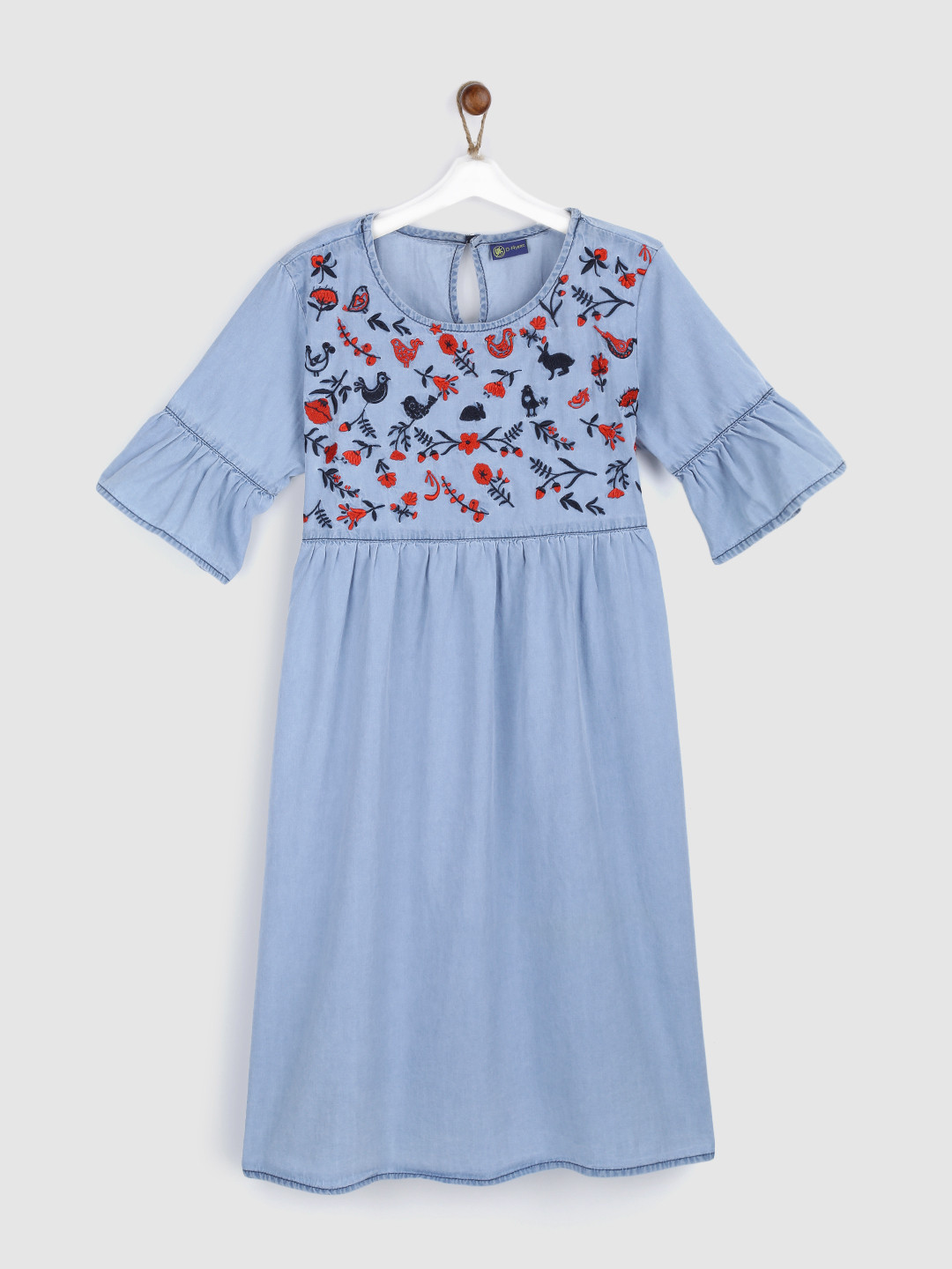 YK Girls Blue Embroidered Denim Dress