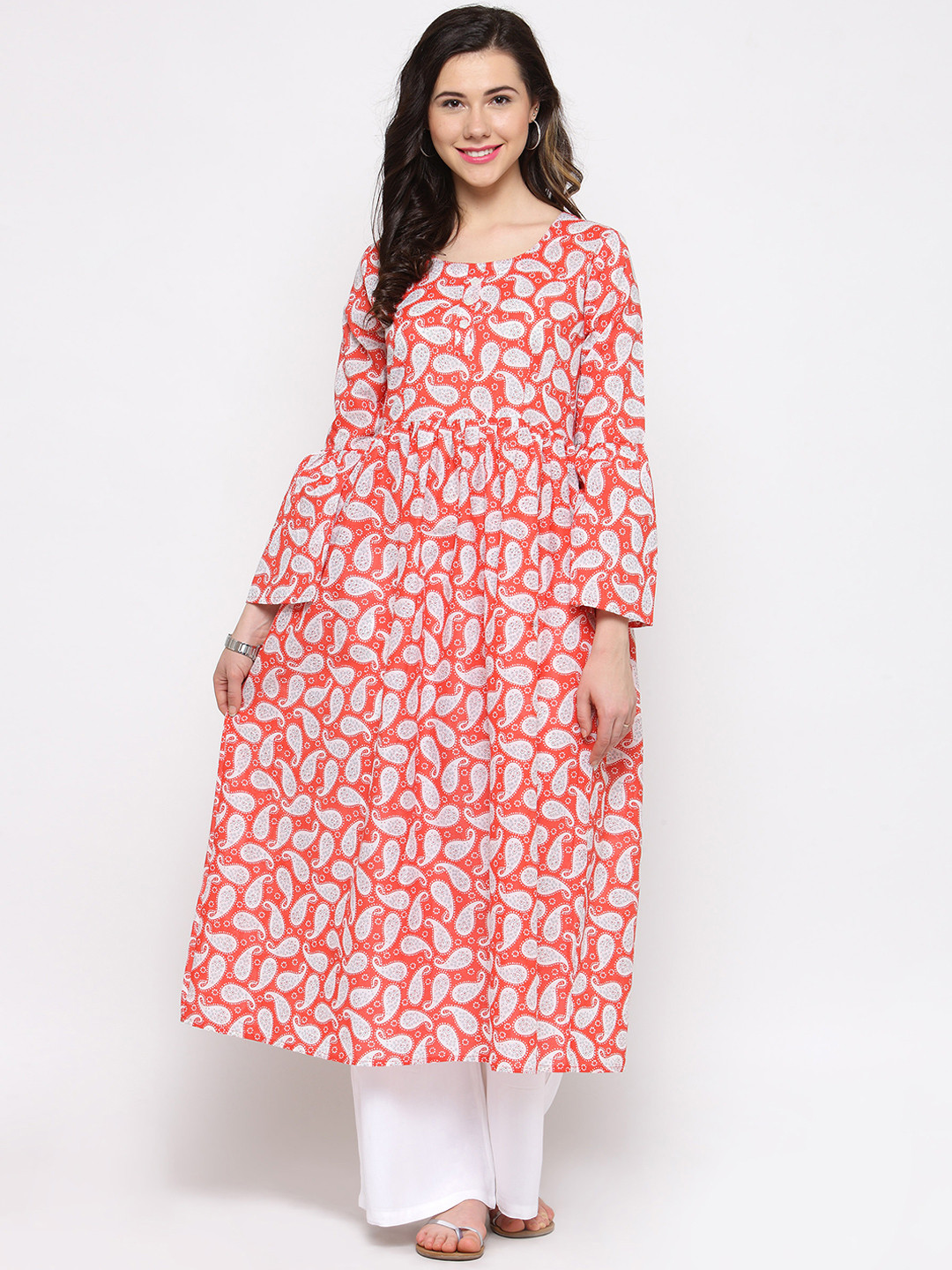 Sera Women Pink & White Printed Kurti with Palazzos