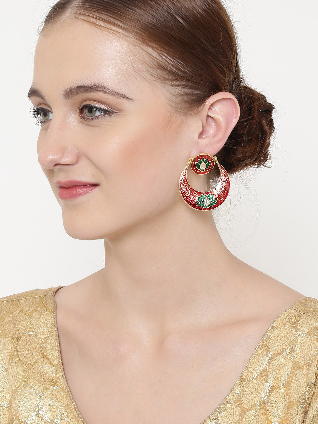 PANASH Gold-Toned & Red Crescent Shaped Chandbalis