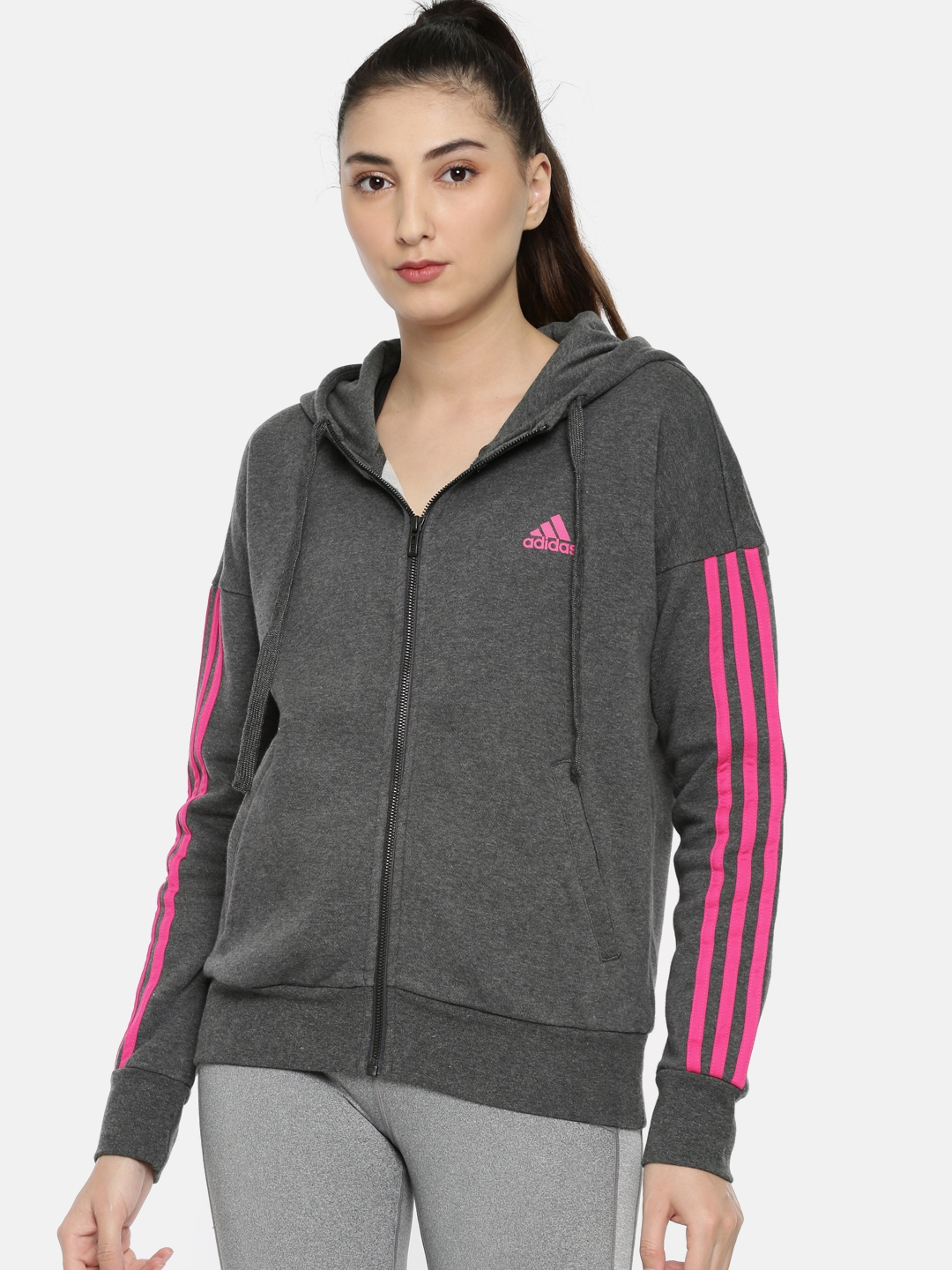 Buy ADIDAS Women Charcoal Grey ESS 3S FZ HD Solid Hooded Sweatshirt -  Sweatshirts for Women 7343140 | Myntra