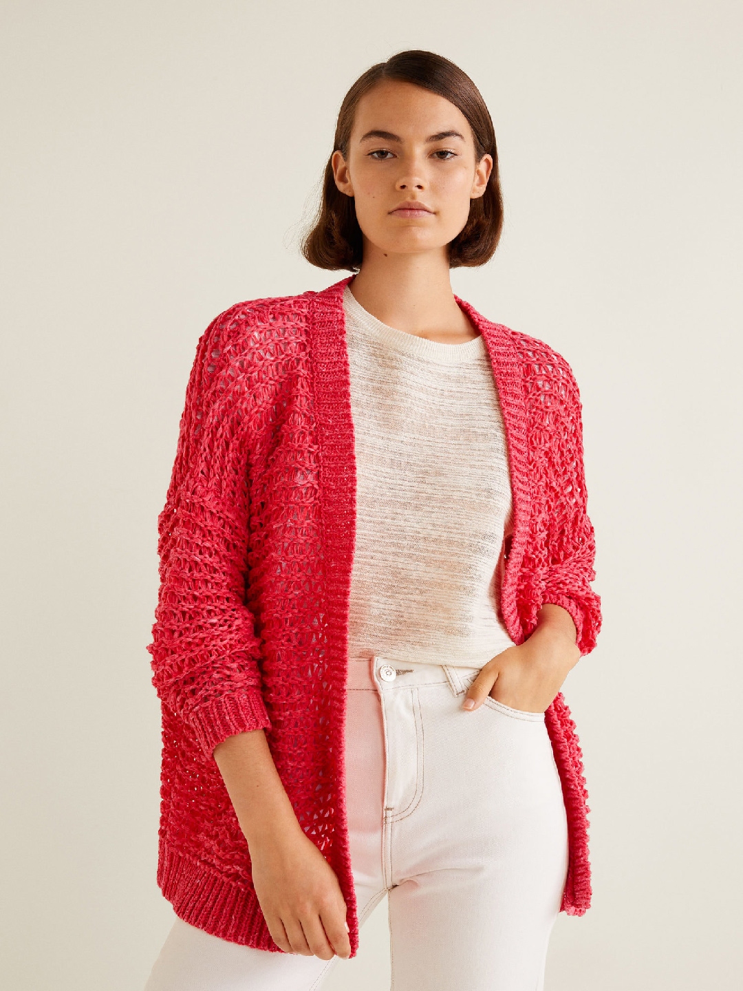 Mango cable knitted cardigan in red