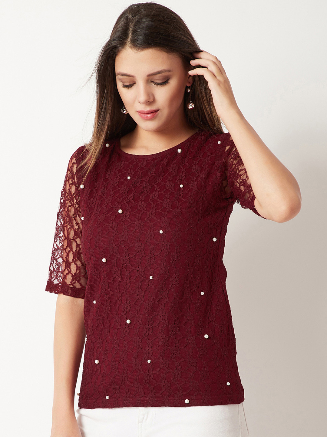 Miss Chase Women Maroon Lace and Embellished Top
