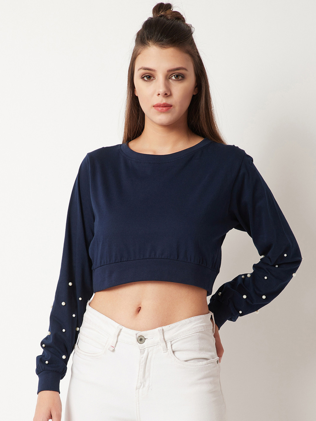 Miss Chase Women Navy Blue Embellished Crop Top