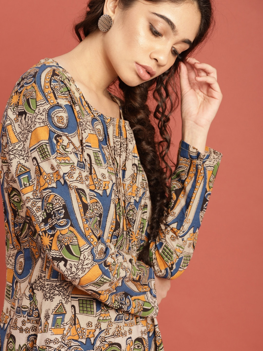 Taavi Hand Block Print Kalamkari Pure Cotton A-Line Sustainable Ethnic Dress with Pockets