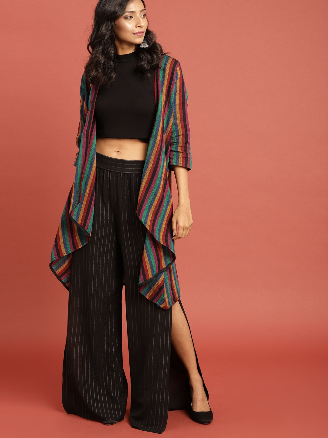 Taavi Women Multicoloured Striped South Cotton Woven Legacy Longline Waterfall Shrug