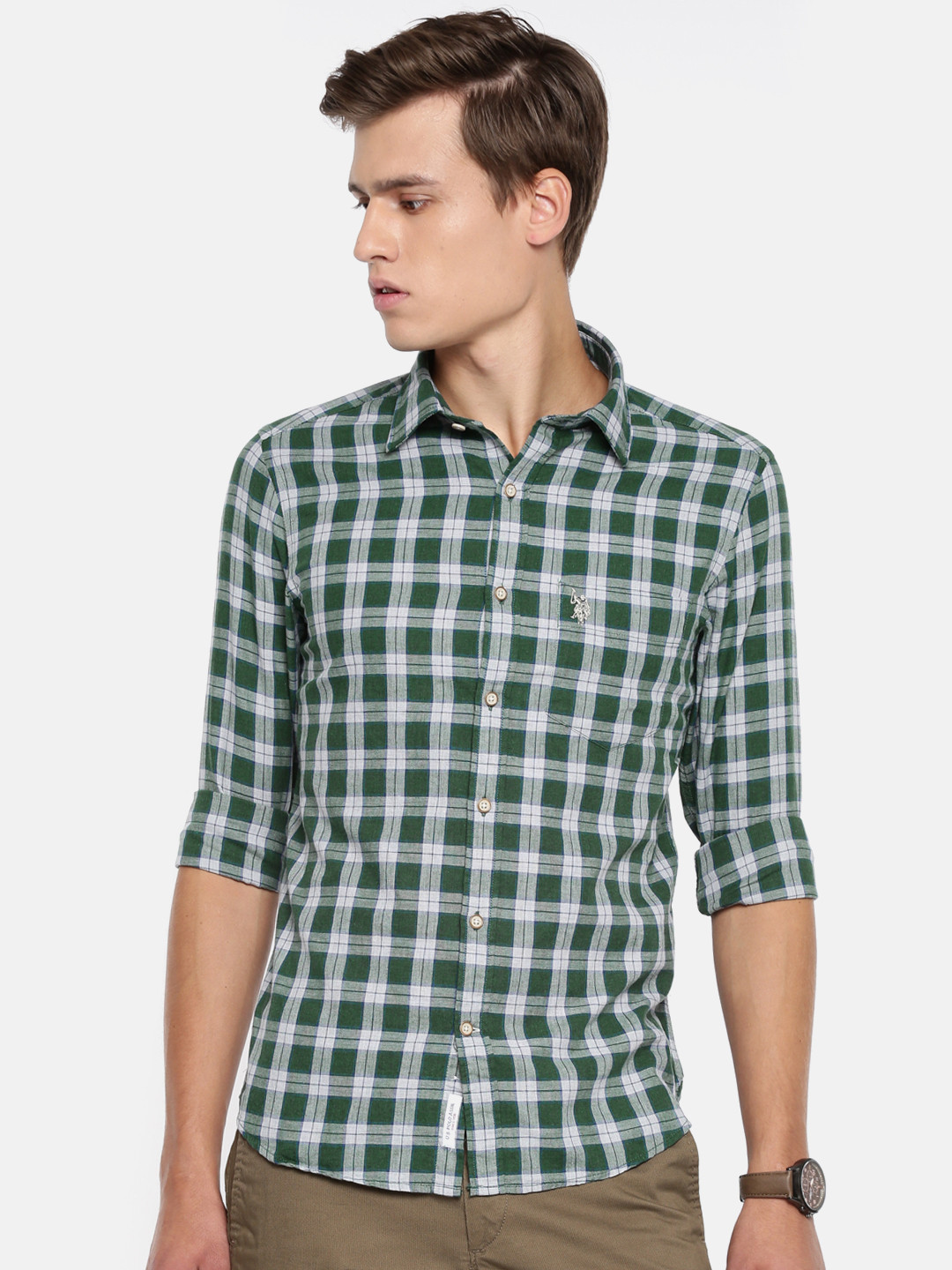U.S. Polo Assn. Men Green & Grey Tailored Fit Checked Casual Shirt