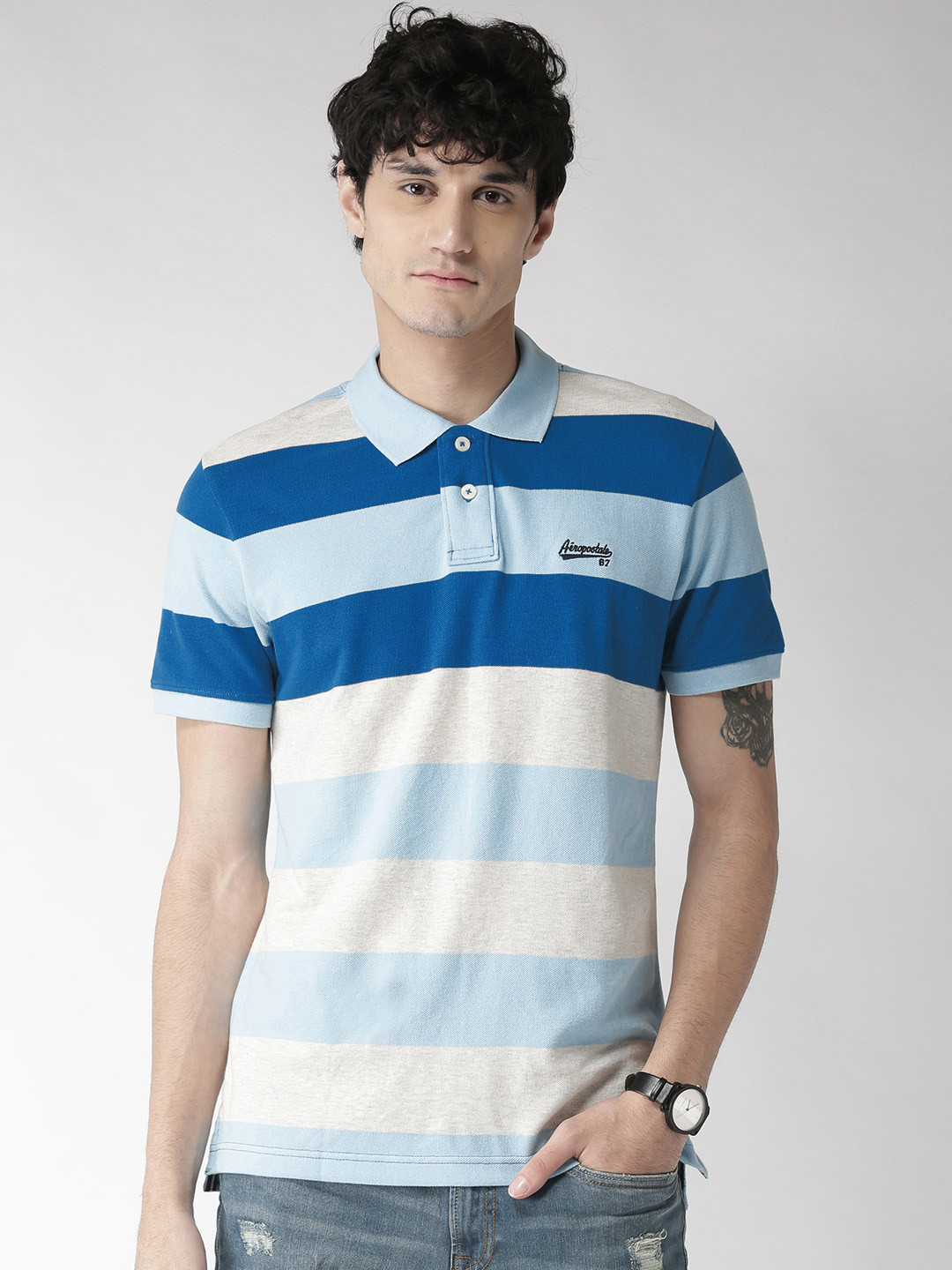 Blue \u0026 Off White Striped Polo Collar 