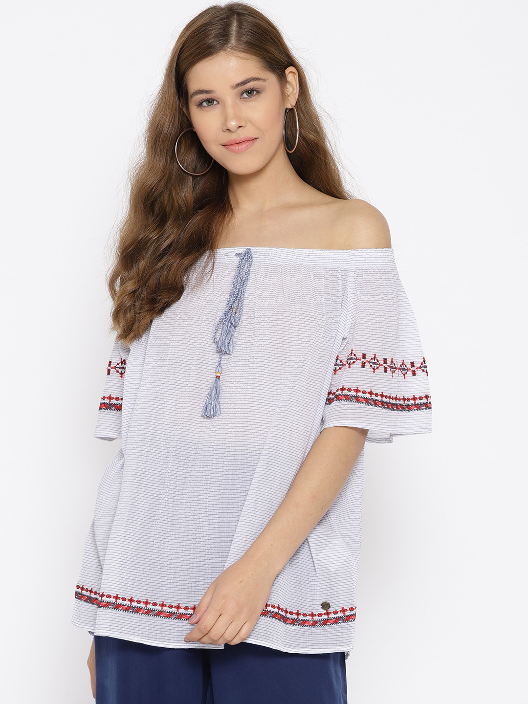 U.S. Polo Assn. Women White Semi-Sheer Striped Bardot Pure Cotton Top