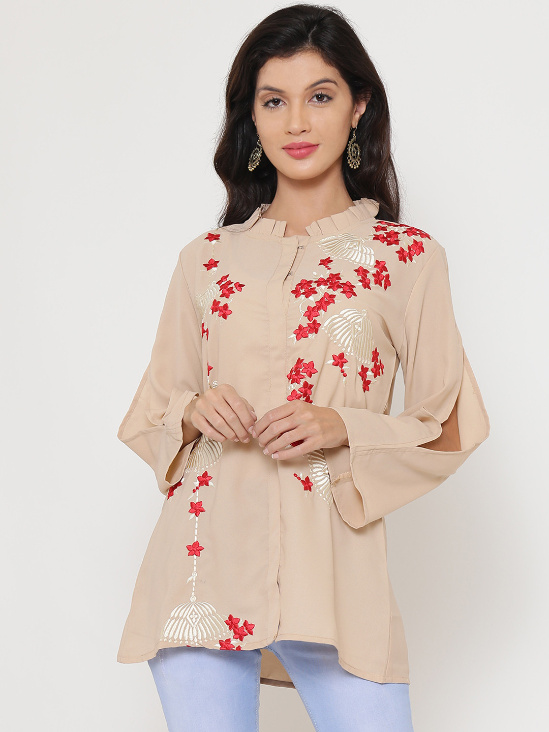 Be Indi Women Peach-Coloured Self Design Shirt Style Longline Top