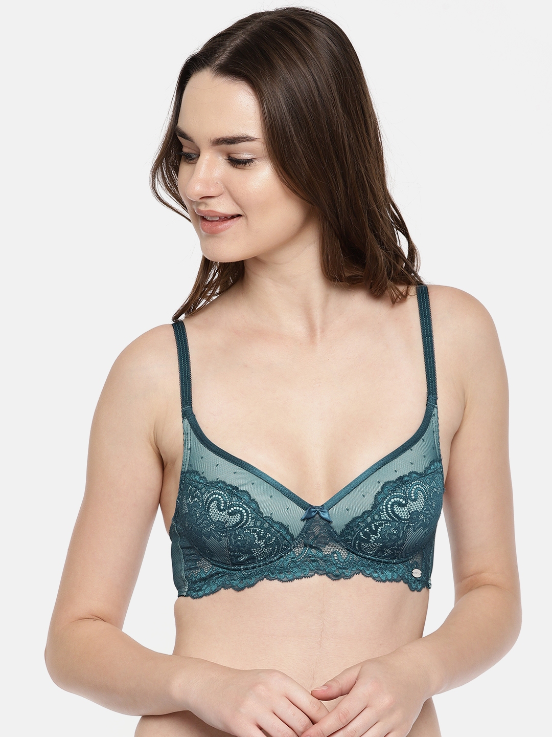Buy Enamor Teal Blue Lace Lightly Padded Non Wired Medium Coverage