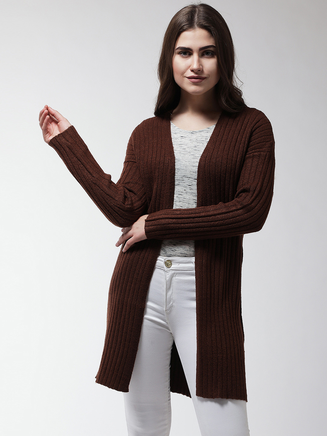 Buy FOREVER 21 Women Brown Ribbed Front-Open Sweater Sweaters