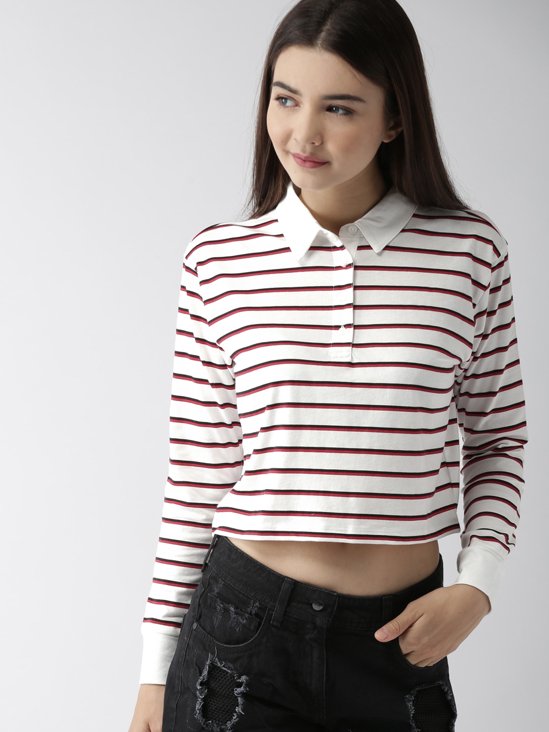 White Striped Polo Collar Crop T Shirt 