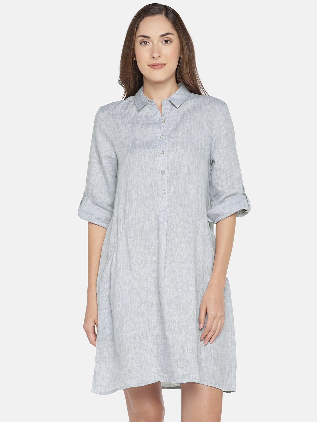Cottonworld Women Grey Solid Shirt Linen Dress