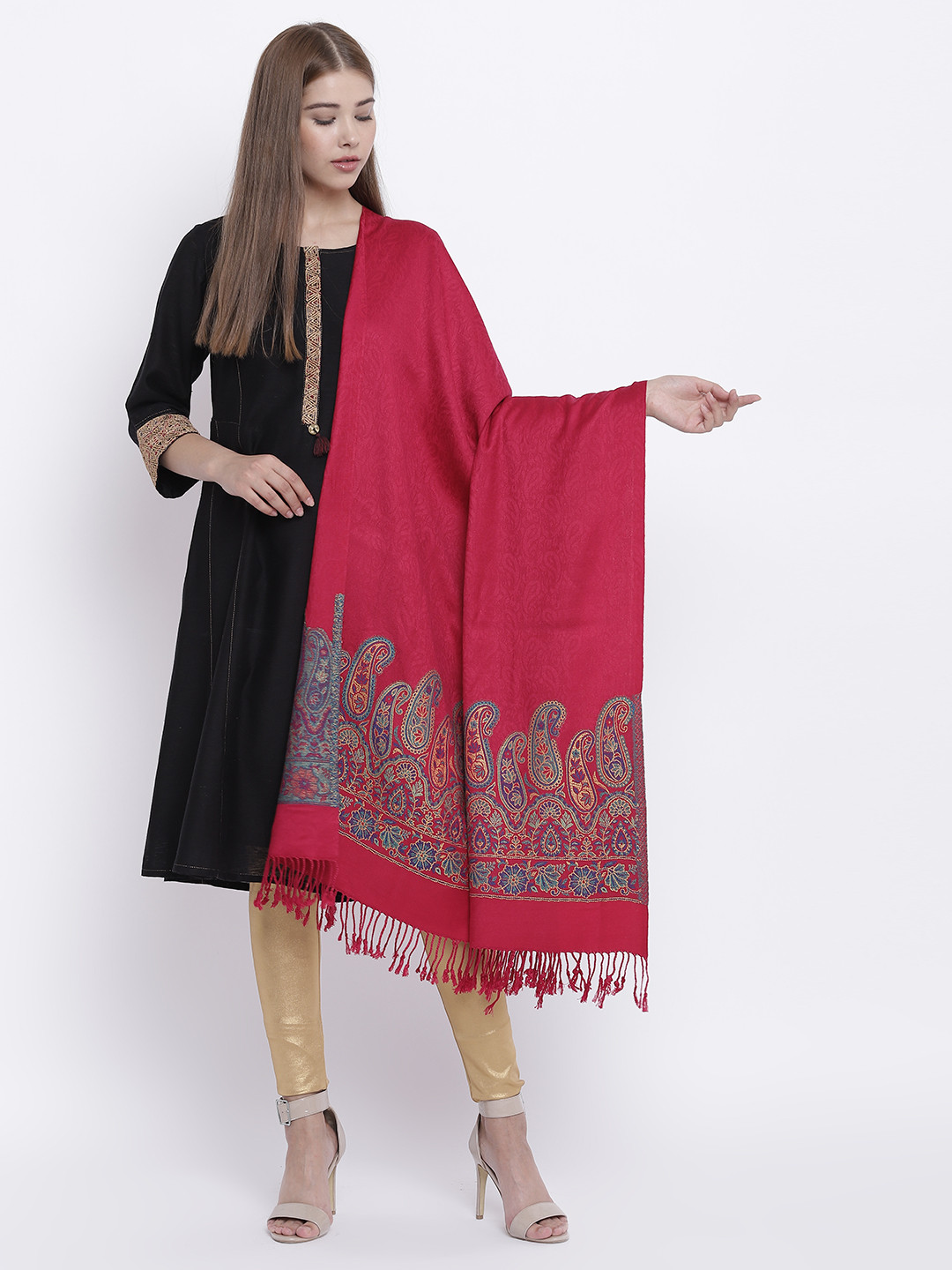 HK colours of fashion Women Magenta Woven Design Shawl