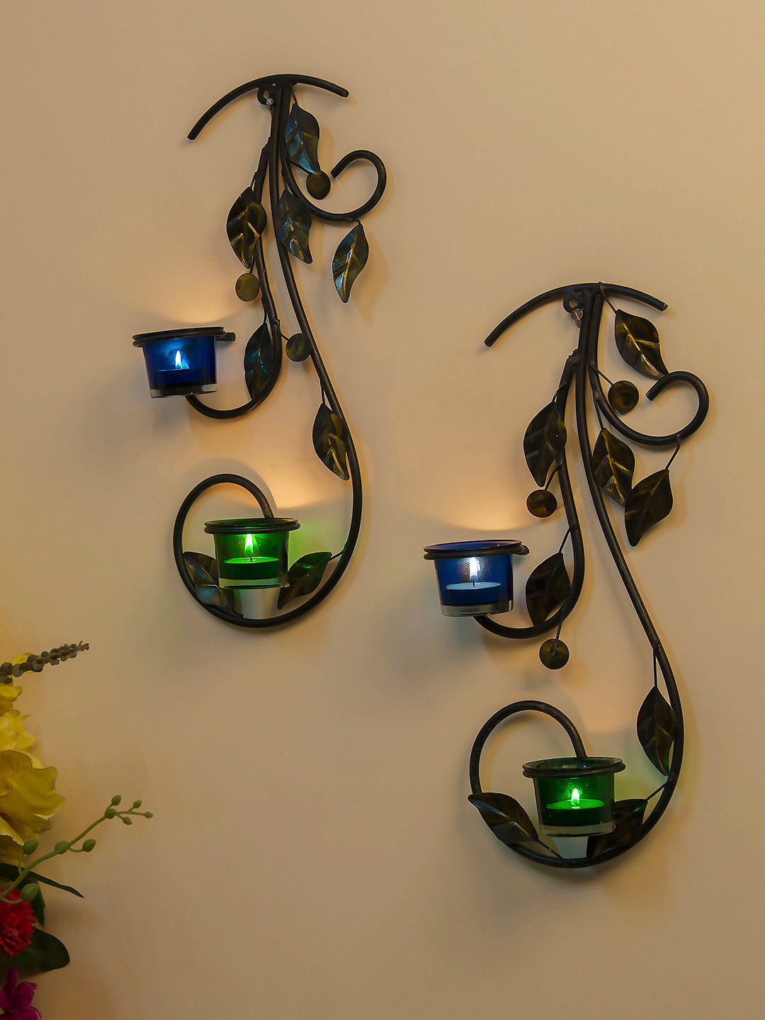 Homesake Blue & Green Tree-Shaped Candle Holders with 4 Glass Cups