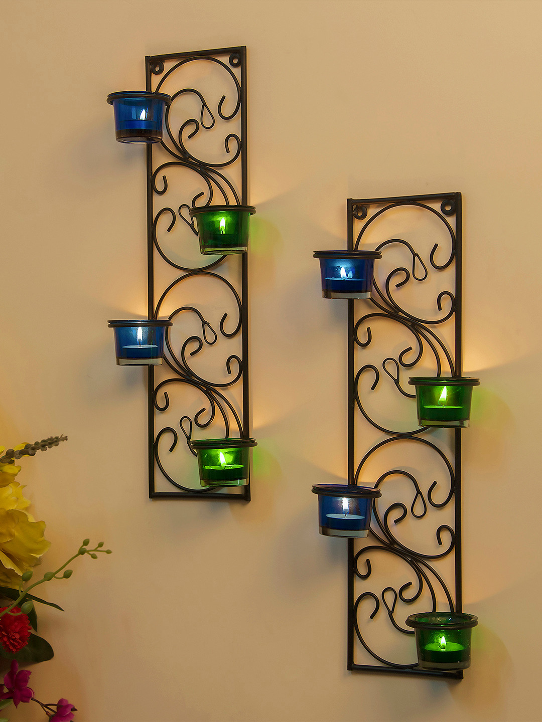 Home Sparkle Blue & Green Tealight Candle Holders with 8 Glass Cups