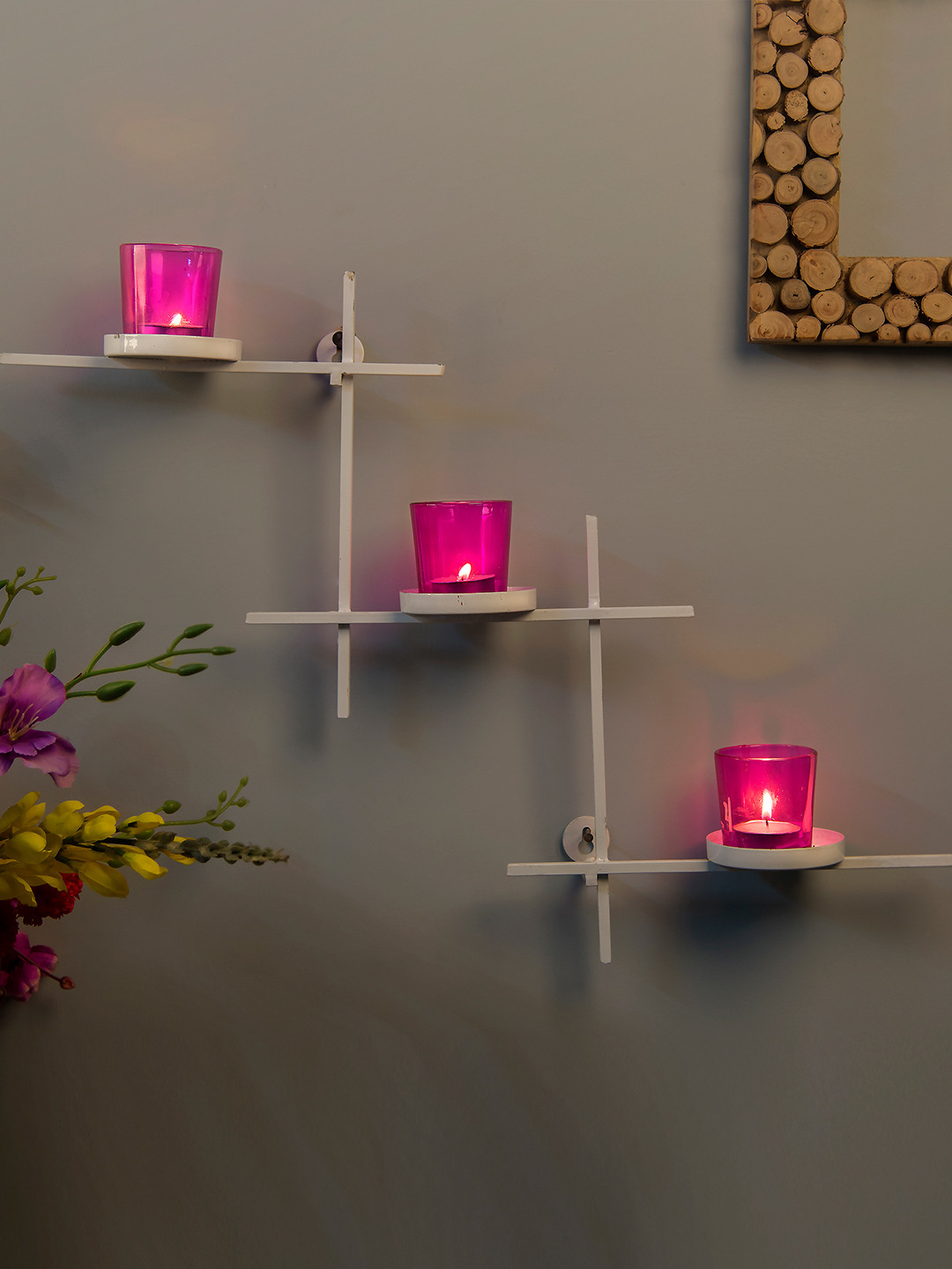 Homesake Pink & White Ladder-Shaped Hand-Crafted Candle Holder with 3 Glass Cups