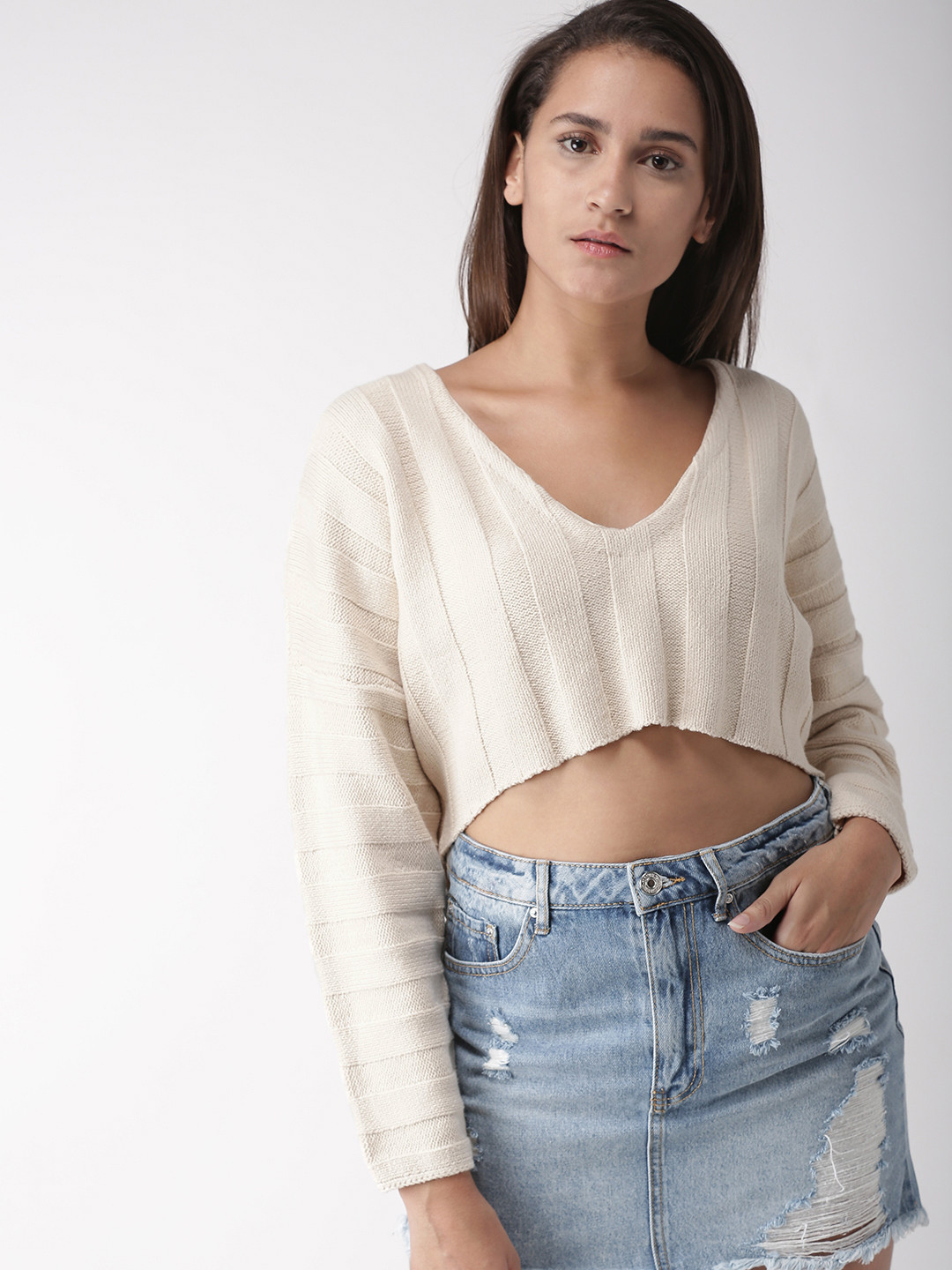 Buy FOREVER 21 Women Beige Solid Crop 