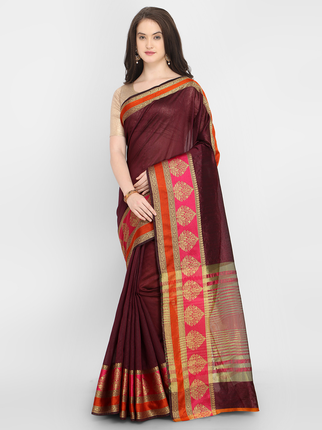 Saree mall Maroon & Red Silk Blend Solid Banarasi Saree