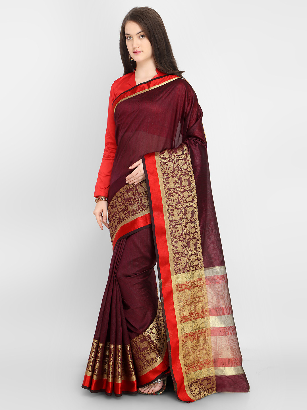 Saree mall Maroon & Red Silk Blend Solid Banarasi Saree