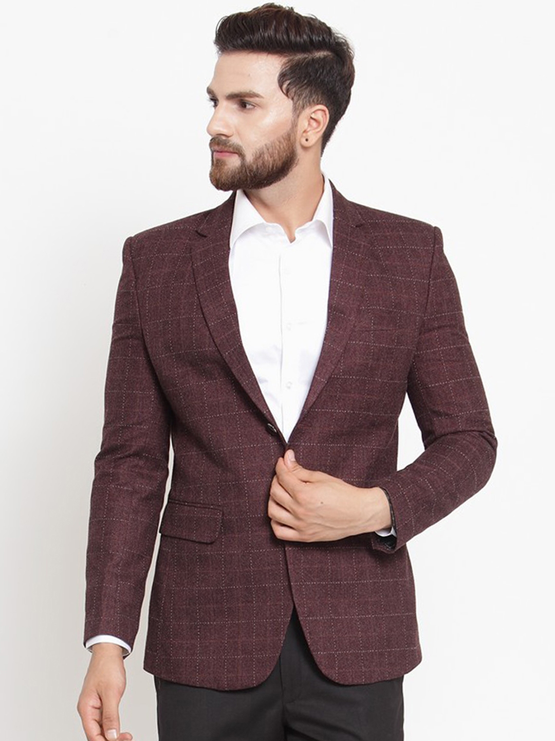 maroon check blazer