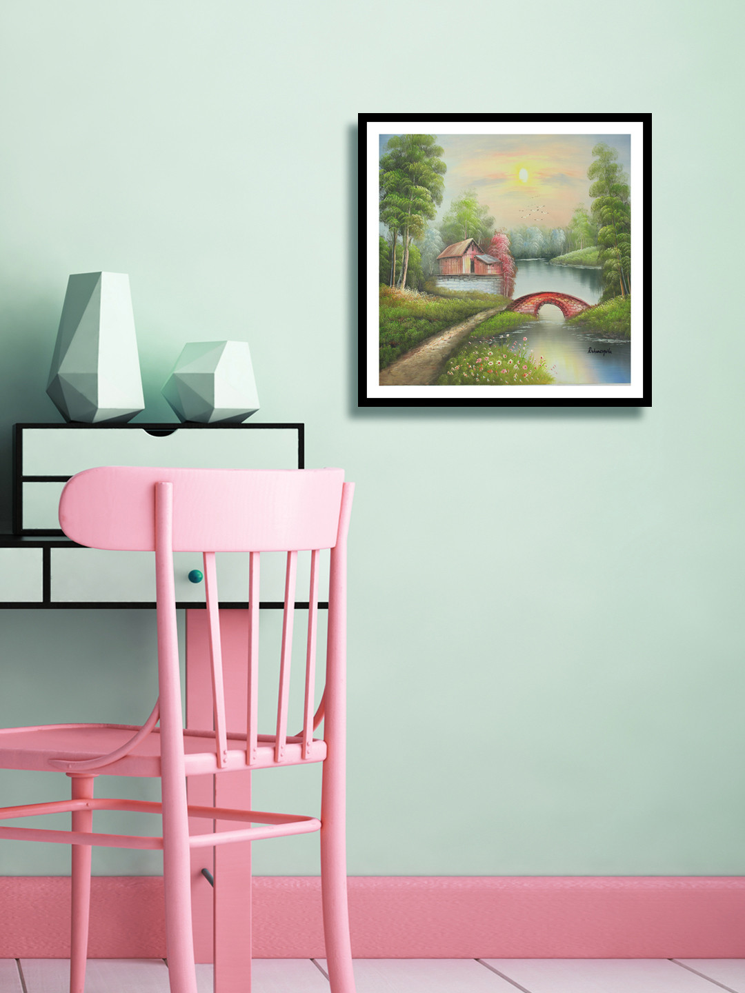 999Store Village River Canvas Wall Square Paintings Wall Art -13.77 x 13.77In