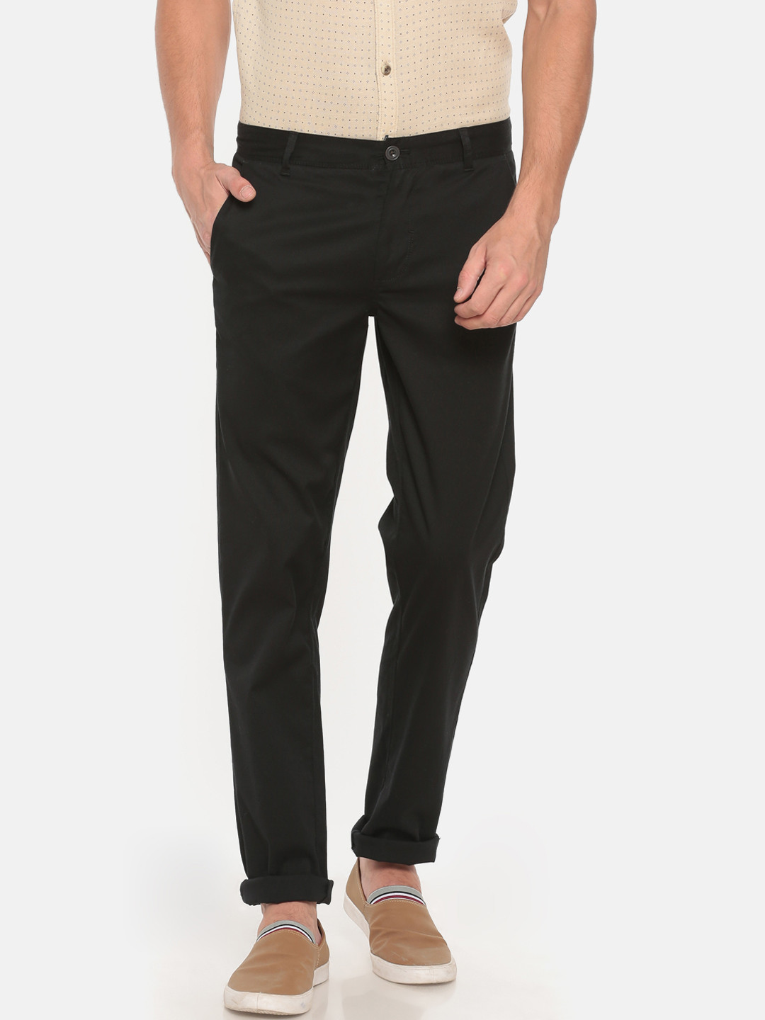 t-base Men Black Slim Tapered Fit Solid Regular Trousers