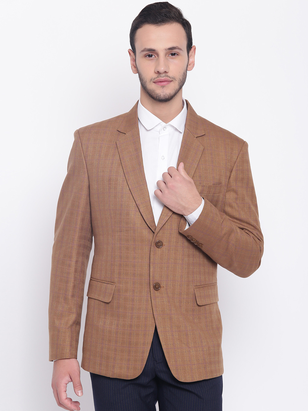 PLATINUM Studio Brown Checked Single-Breasted Regular Fit Formal Blazer