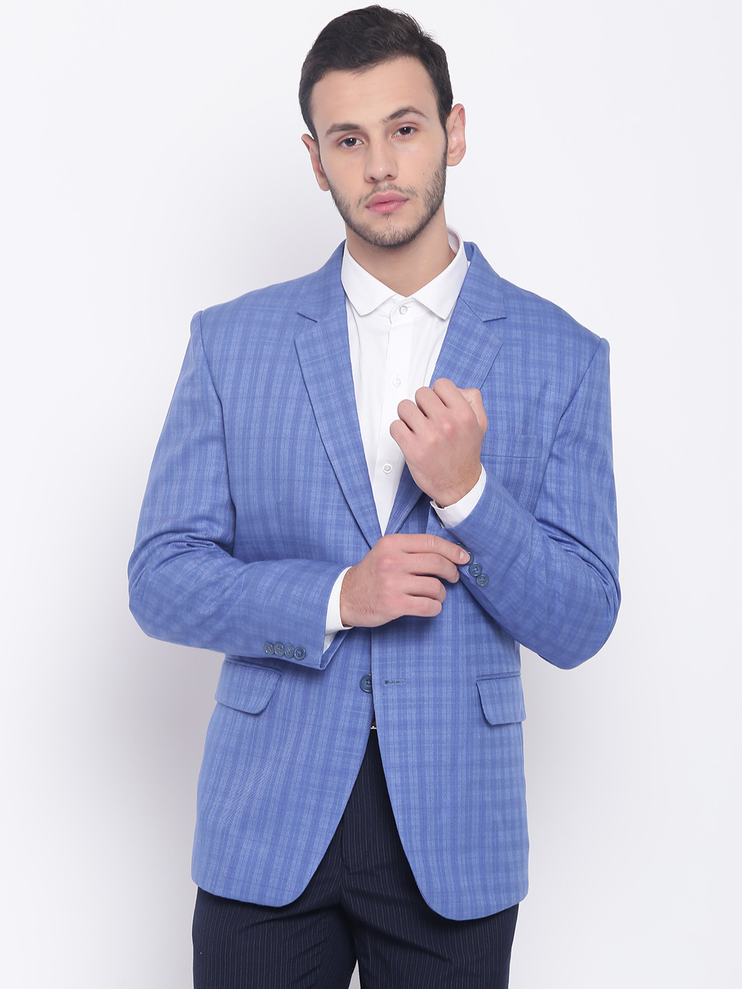 PLATINUM Studio Blue Checked Single-Breasted Casual Blazer
