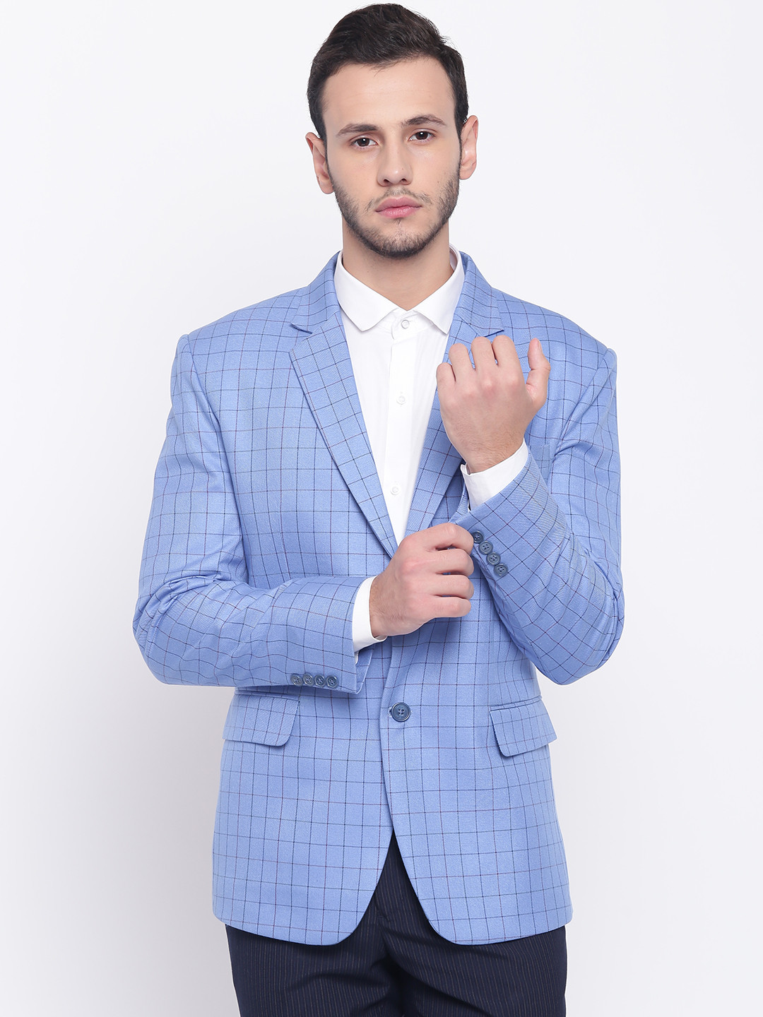 PLATINUM Studio Blue Regular Fit Checked Single-Breasted Casual Blazer