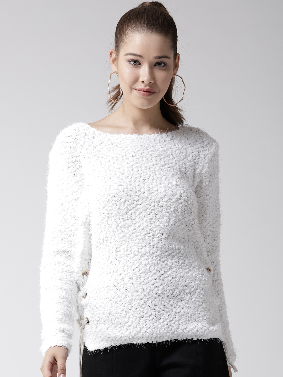 Women White Fuzzy Sweater - Sweaters ...