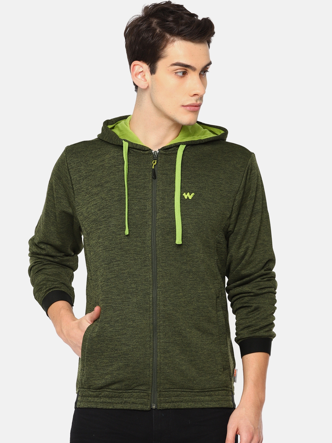 Wildcraft Men Green Solid Hooded Zip Hood Mel Sweatshirt