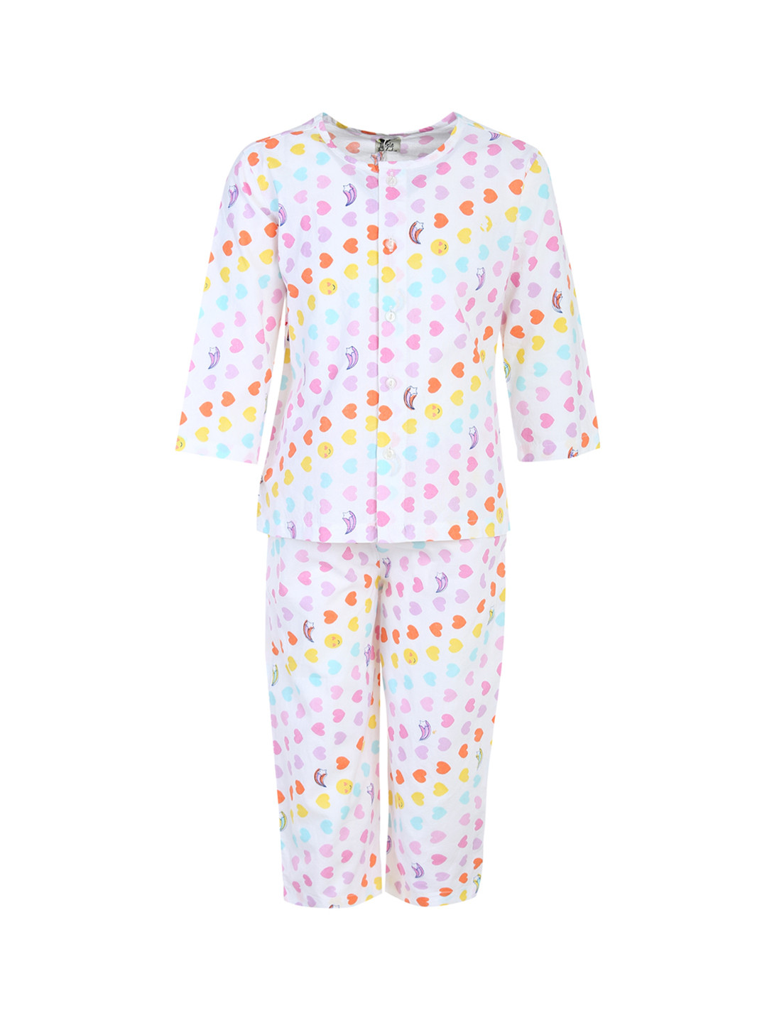A Little Fable Girls White & Yellow Printed Night suit