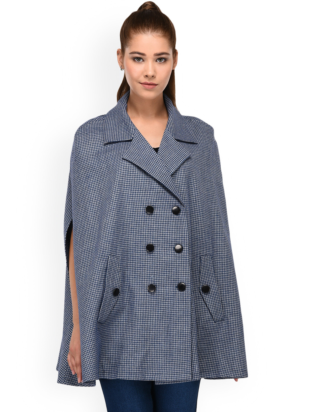 Owncraft Women Blue Checked Wollen Cape Jacket