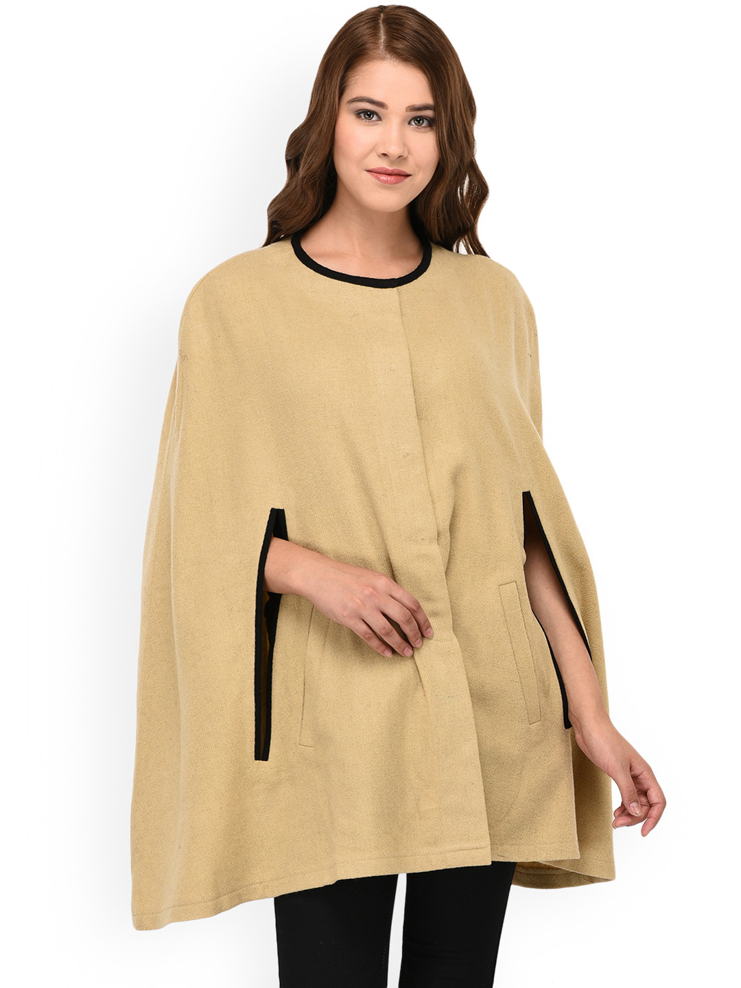 Owncraft Women Beige Solid Wollen Cape Jacket