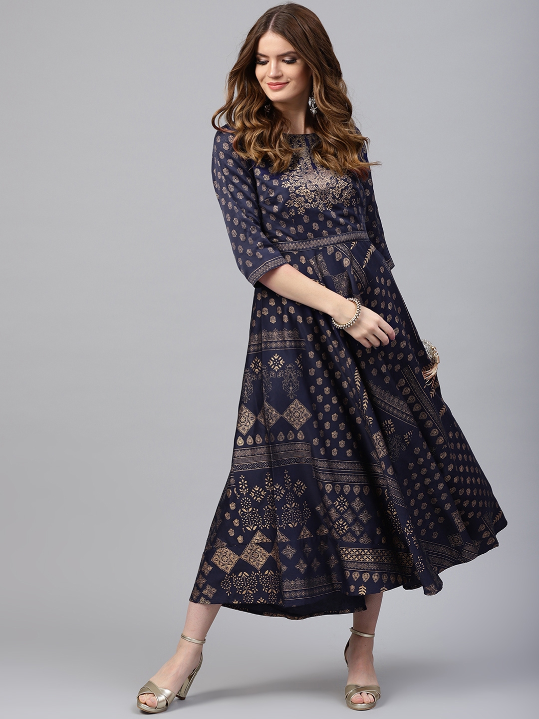 Buy Juniper Navy Blue & Golden Ethnic Motifs Ethnic Maxi Dress