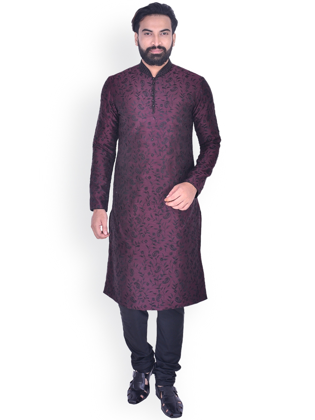 Manyavar Men Purple Black Embroidered Kurta with Churidar