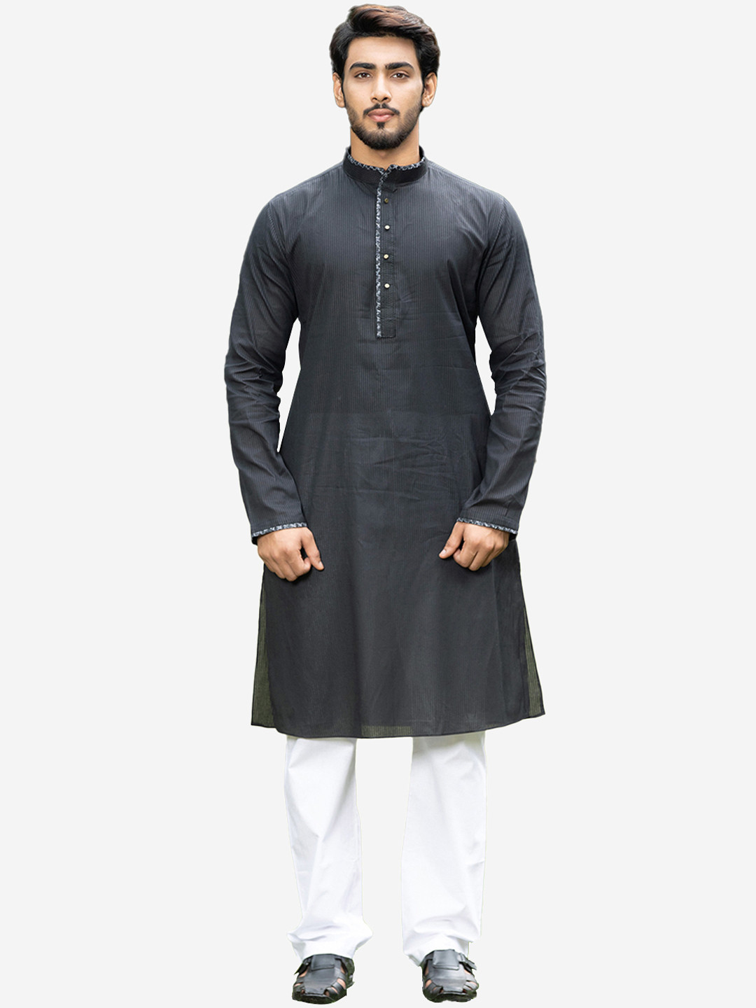 Manu Men Black & White Self-Striped Kurta with Pyjamas