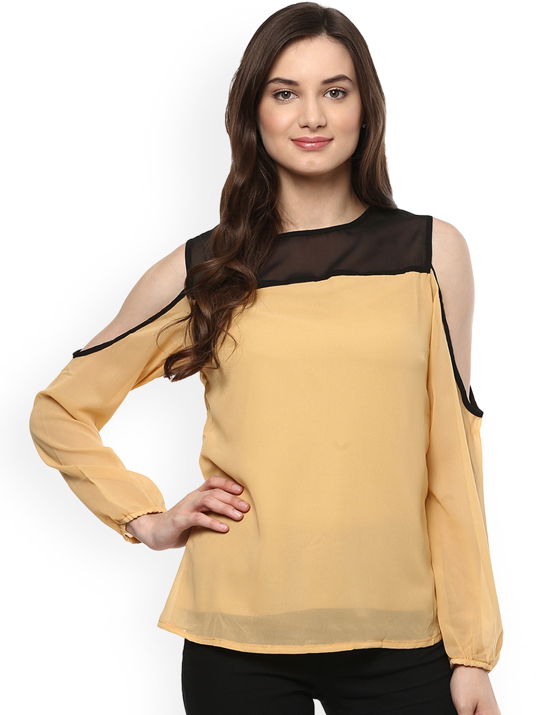 Mayra Women Beige and Black Colourblocked Casual Top
